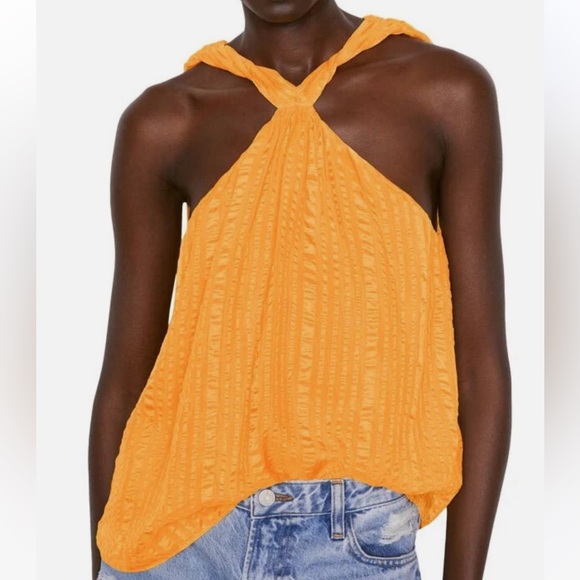 Frame Denim Tops - Frame 100% Silk Crinkle Draped Halter Neck Kumquat Orange Sleeveless Top